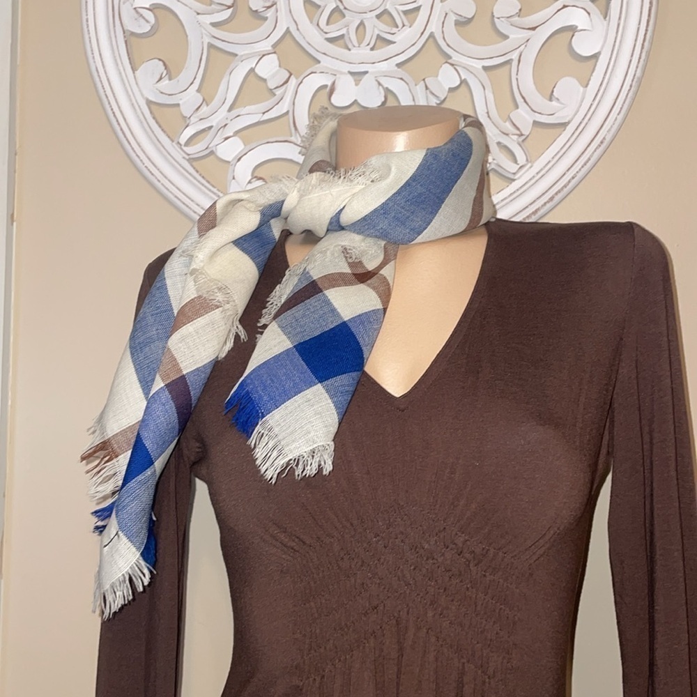 Tweedmill lambswool unisex scarf lambs wool cream blue brown plaid stripe light